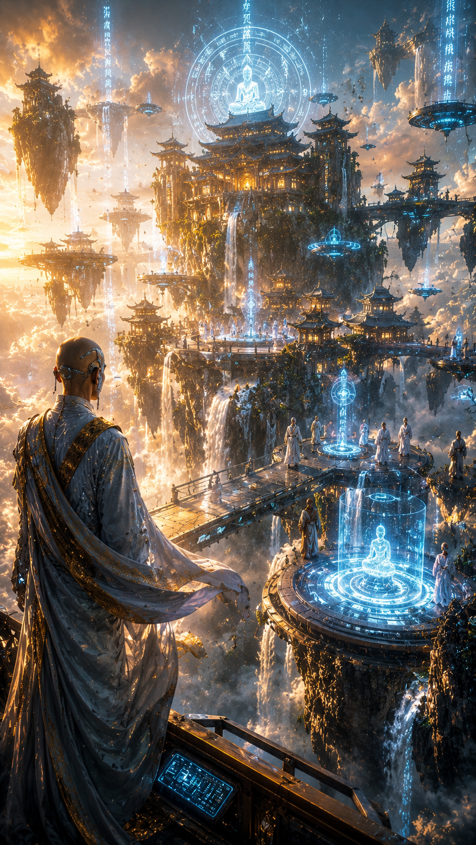 A floating temple city among clouds
